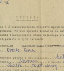 Decyzja urzędu miejskiego w Białymstoku dotycząca pozwolenia na zmianę miejsca pobytu przez Teresę Korecką