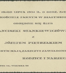Zawiadomienie o ślubie Franciszki Stankiewicz i J&oacute;zefa Pietrzaka