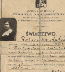 Świadectwo Antoniny Ratkowskiej z kurs&oacute;w pisania na maszynach przy kursach handlowych S. Ginzburga