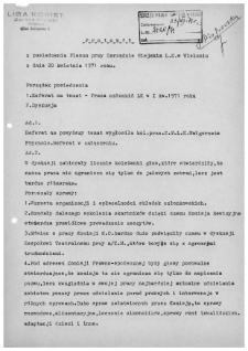 Protok&oacute;ł z posiedzenia Plenum przy Zarządzie Miejskim LK w Wieluniu z dnia 20 kwietnia 1971 r.