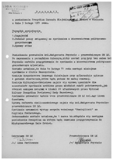 Protok&oacute;ł z posiedzenia Prezydium Zarządu Miejskiego Ligi Kobiet w Wieluniu z dnia 3 lutego 1971 r.