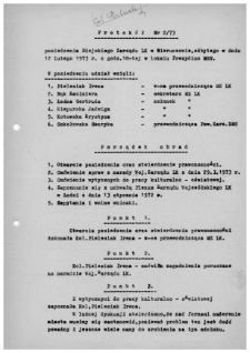 Protok&oacute;ł nr 2/73 posiedzenia Miejskiego Zarządu LK w Wieruszowie, odbytego w dniu 12 lutego 1973 r. o godz. 18-tej w lokalu Prezydium MRN