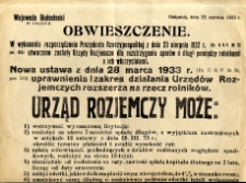Obwieszczenie wojewody białostockiego z dn. 22.06.1933 r. o utworzeniu Urzędów Rozjemczych dla rozstrzygania sporów o długi między rolnikami a ich wierzycielami