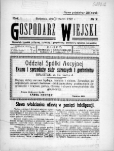Gospodarz Wiejski : niezawisły tygodnik polityczny, społeczny i gospodarczy, poświęcony sprawom wsi polskiej 1922, nr 2