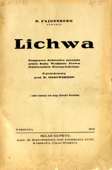 Lichwa : rozprawa doktorska przyjęta przez Radę Wydziału Prawa Uniwersytetu Warszawskiego