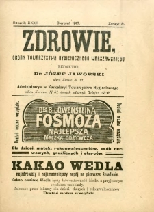 Zdrowie : organ Towarzystwa Hygienicznego Warszawskiego 1917 R.33 zeszyt 8