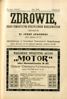 Zdrowie : organ Towarzystwa Hygienicznego Warszawskiego 1918 R.34 zeszyt 5