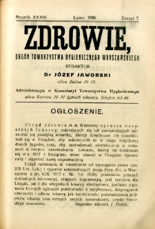 Zdrowie : organ Towarzystwa Hygienicznego Warszawskiego 1918 R.34 zeszyt 7