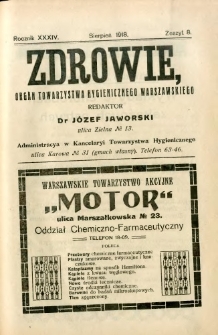Zdrowie : organ Towarzystwa Hygienicznego Warszawskiego 1918 R.34 zeszyt 8