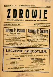 Zdrowie : organ Warszawskiego Towarzystwa Higjenicznego poświęcony higjenie publicznej 1926 R.41 zeszyt 6