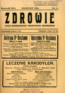 Zdrowie : organ Warszawskiego Towarzystwa Higjenicznego poświęcony higjenie publicznej 1926 R.41 zeszyt 8