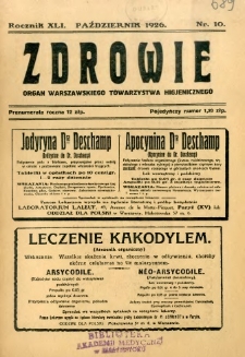 Zdrowie : organ Warszawskiego Towarzystwa Higjenicznego poświęcony higjenie publicznej 1926 R.41 zeszyt 10