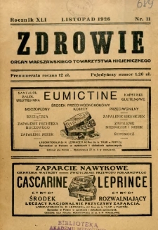 Zdrowie : organ Warszawskiego Towarzystwa Higjenicznego poświęcony higjenie publicznej 1926 R.41 zeszyt 11