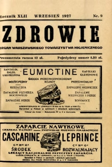 Zdrowie : organ Warszawskiego Towarzystwa Higjenicznego poświęcony higjenie publicznej 1927 R.42 zeszyt 9
