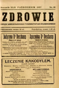 Zdrowie : organ Warszawskiego Towarzystwa Higjenicznego poświęcony higjenie publicznej 1927 R.42 zeszyt 10
