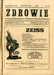 Zdrowie : organ Warszawskiego Towarzystwa Higjenicznego poświęcony higjenie publicznej 1927 R.42 zeszyt 11