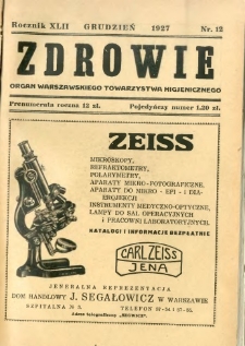 Zdrowie : organ Warszawskiego Towarzystwa Higjenicznego poświęcony higjenie publicznej 1927 R.42 zeszyt 12