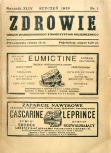 Zdrowie : organ Warszawskiego Towarzystwa Higjenicznego poświęcony higjenie publicznej 1929 R.44 zeszyt 1