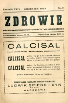 Zdrowie : organ Warszawskiego Towarzystwa Higjenicznego poświęcony higjenie publicznej 1929 R.44 zeszyt 9