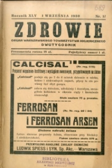Zdrowie : organ Warszawskiego Towarzystwa Higjenicznego poświęcony higjenie publicznej 1930 R.45 zeszyt 17