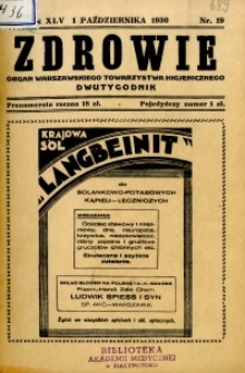 Zdrowie : organ Warszawskiego Towarzystwa Higjenicznego poświęcony higjenie publicznej 1930 R.45 zeszyt 19