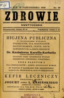 Zdrowie : organ Warszawskiego Towarzystwa Higjenicznego poświęcony higjenie publicznej 1930 R.45 zeszyt 20