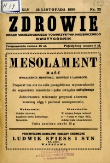 Zdrowie : organ Warszawskiego Towarzystwa Higjenicznego poświęcony higjenie publicznej 1930 R.45 zeszyt 22