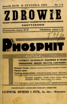 Zdrowie : organ Warszawskiego Towarzystwa Higjenicznego poświęcony higjenie publicznej 1932 R.47 zeszyt 1-2