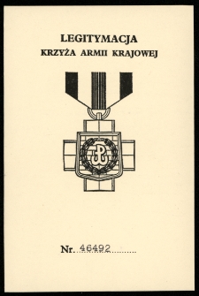 Legitymacja Krzyża Armii Krajowej należąca do Ligii Haliny Liskowackiej–Zinkow, Londyn, Anglia, 1990 r.