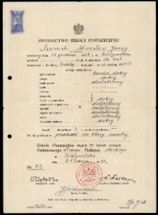 Świadectwo ukończenia przez Mirosława Szumskiego III klasy Liceum Męskiego, ul. Warszawska, Białystok, 1939 r.