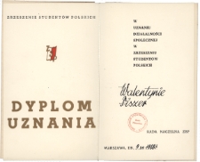 Dyplom uznania przyznany Walentynie Fiszer przez Radę Naczelną Zrzeszenia Studentów Polskich, Warszawa, 9 grudnia 1968 r.