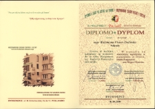 Dyplom uznania przyznany Walentynie Fiszer-Dolińskiej przez Międzynarodowe Centrum Kultury za wieloletnią współpracę w promowaniu miasta Bydgoszczy oraz Kujaw i Pomorza, Bydgoszcz, 16 kwietnia 2011 r.