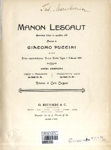 Manon Lescaut : dramma lirico in quattro atti : opera completa canto e pianoforte.