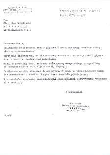 List z Muzeum Sztuki Medalierskiej we Wrocławiu do Stanisława Wakulińskiego, Wrocław, 13 sierpnia 1971 r.