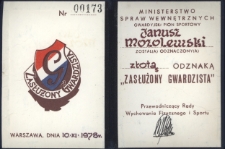 Legitymacja potwierdzająca przyznanie Januszowi Mozolewskiemu przez Przewodniczącego Rady Wychowania Fizycznego i Sportu złotej odznaki „Zasłużony Gwardzista”, Warszawa, 10 listopada 1978 r.