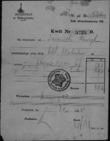 Kwit wystawiony na Sowińskiego Henryka przez Magistrat miasta Białegostoku, 1 maja 1930 r.