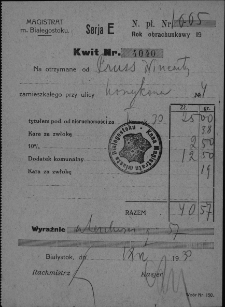 Kwit wystawiony na Wincentego Prusa przez Magistrat miasta Białegostoku tytułem podatku od nieruchomości przy ul. Koszykowej 4, Białystok, 18 maja 1930 r.