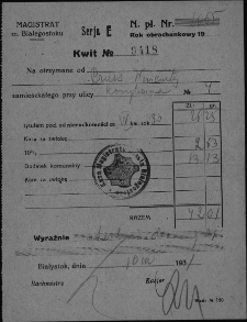 Kwit wystawiony na Wincentego Prusa przez Magistrat miasta Białegostoku tytułem podatku od nieruchomości przy ul. Koszykowej 4, Białystok, 10 marca 1931 r.