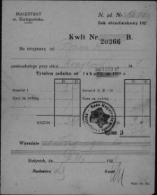 Kwit potwierdzający pobranie opłaty za podatek lokalowy od Wincentego Prusa zamieszkałego przy ul. Koszykowej 4, Białystok, 1929 r.