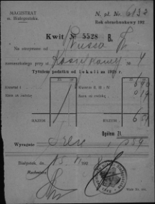 Kwit potwierdzający pobranie opłaty za podatek lokalowy od Wincentego Prusa zamieszkałego przy ul. Koszykowej 4, Białystok, 15 czerwca 1928 r.