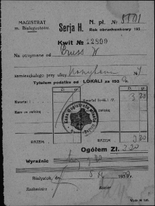 Kwit potwierdzający pobranie opłaty za podatek lokalowy od Wincentego Prusa zamieszkałego przy ul. Koszykowej 4, Białystok, 5 listopada 1930 r.