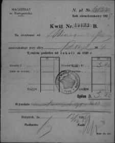 Kwit potwierdzający pobranie opłaty za podatek lokalowy od Wincentego Prusa zamieszkałego przy ul. Koszykowej, Białystok, 17 grudnia 1928 r.