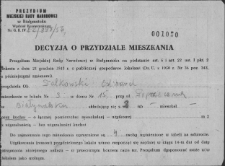 Decyzja o przydziale mieszkania dla rodziny Edwarda Falkowskiego w domu przy ul. Poprzecznej 15, Białystok, 3 listopada 1956 r.