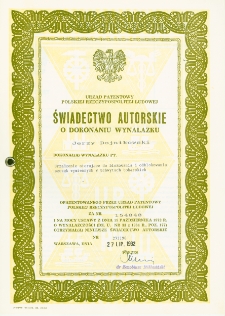 "Świadectwo autorskie o dokonaniu wynalazku" Jerzego Dojnikowskiego, Warszawa, 27 lipca 1992 r.