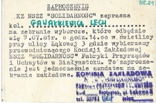 Zaproszenie Lecha Jerzego Gawałkiewicza na zebranie wyborcze komisji zakładowej NSZZ "Solidarność", Białystok, 1981 r.