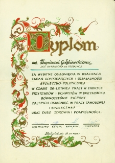 Dyplom dla Zbigniewa Gołąbiowskiego na zakończenie pracy w Fabryce Przyrządów i Uchwytów w Białymstoku, Białystok, 29 stycznia 1988 r.