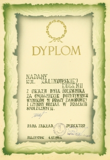 Dyplom dla Eugenii Kalinowskiej z okazji Dnia Odlewnika, Białystok, 4 grudnia 1964 r.