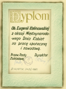 Dyplom dla Eugenii Kalinowskiej z okazji Dnia Kobiet, Białystok, 8 marca 1966 r.