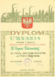 Dyplom uznania dla Eugenii Kalinowskiej z okazji "Święta Klasy Robotniczej 1 maja" za pracę zawodową i społeczną w Fabryce Przyrządów i Uchwytów, Białystok, 28 kwietnia 1973 r.