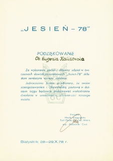 Dyplom dla Eugenii Kalinowskiej za udział w ćwiczeniach dowódczo-sztabowych "Jesień - 78", Białystok, 28-29 października 1978 r.